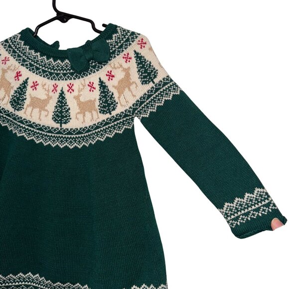 Tahari Baby Girls Green Knit Sweater Dress W/Reindeer & Tree Fair Isle Pattern - Picture 4 of 6